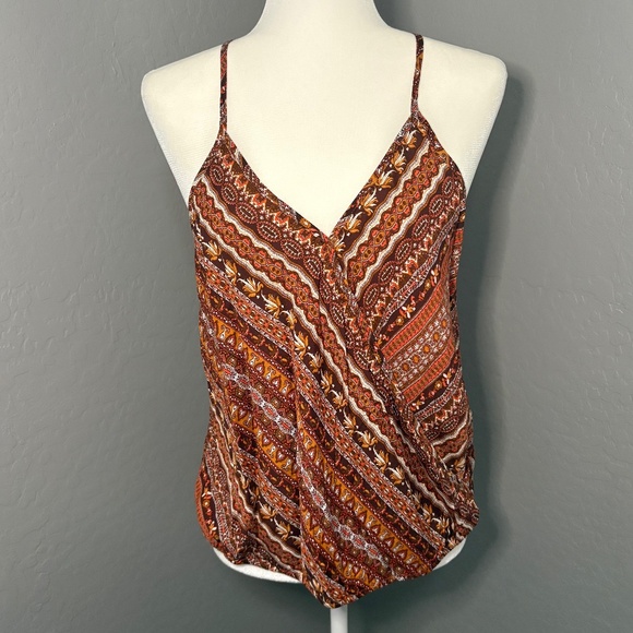 SHEIN V NeckTank Top Blouse Brown Orange Print Size M - Picture 1 of 5
